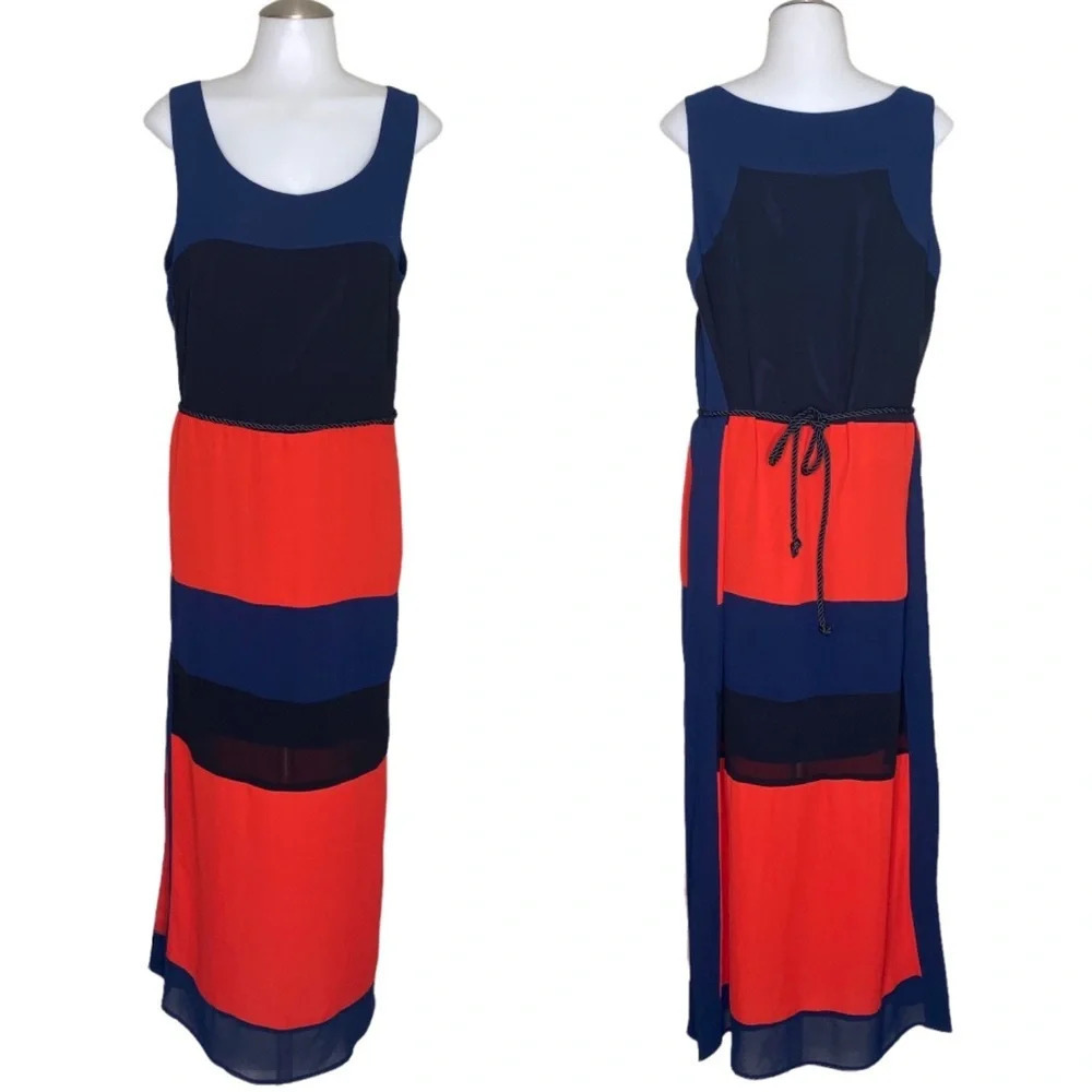 Belle Badgley Mischka Orange Blue Color Block Belted Maxi Dress Size 10